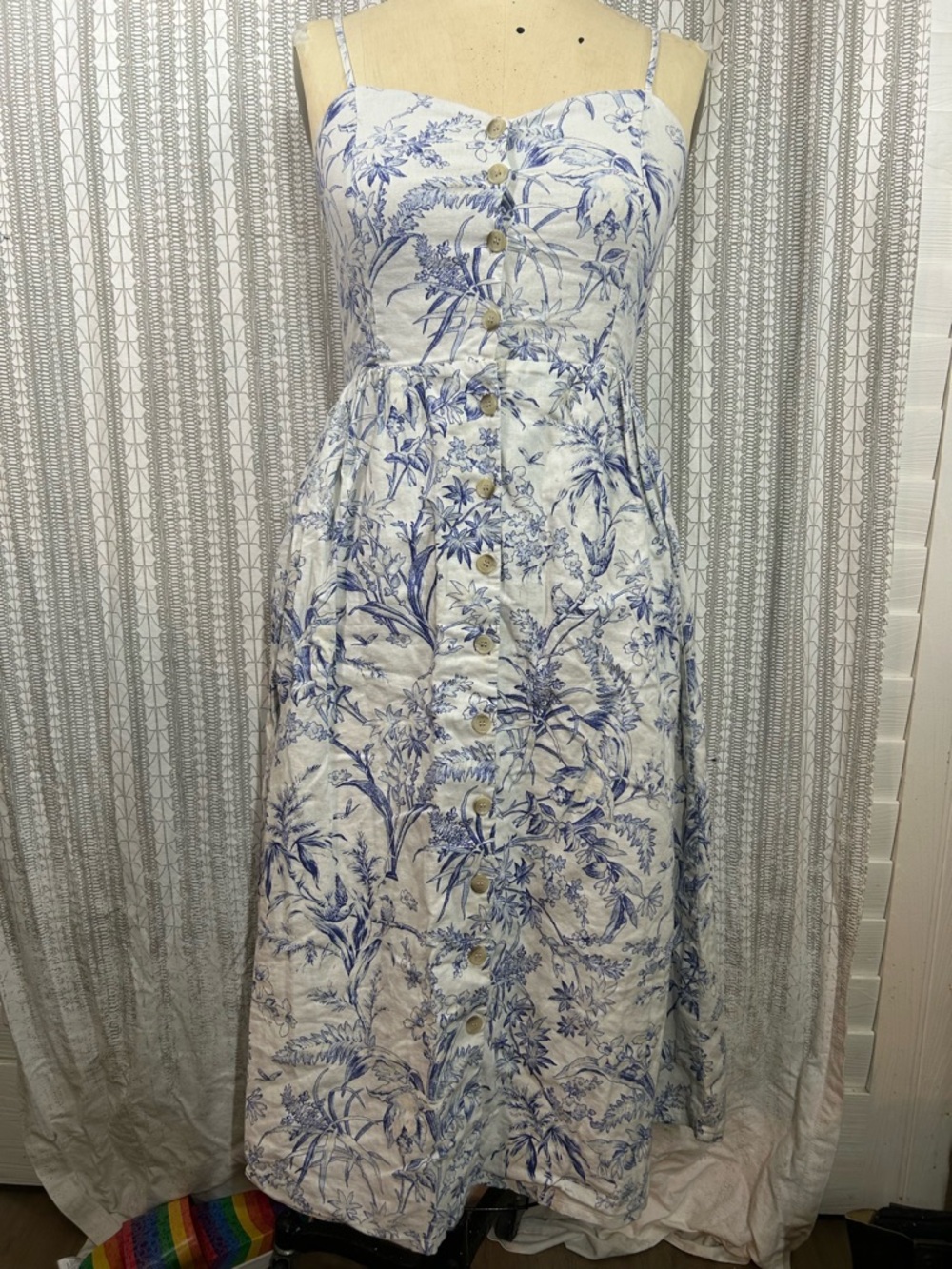 H&M White Midi Dress with Blue Floral Print and Front Buttons